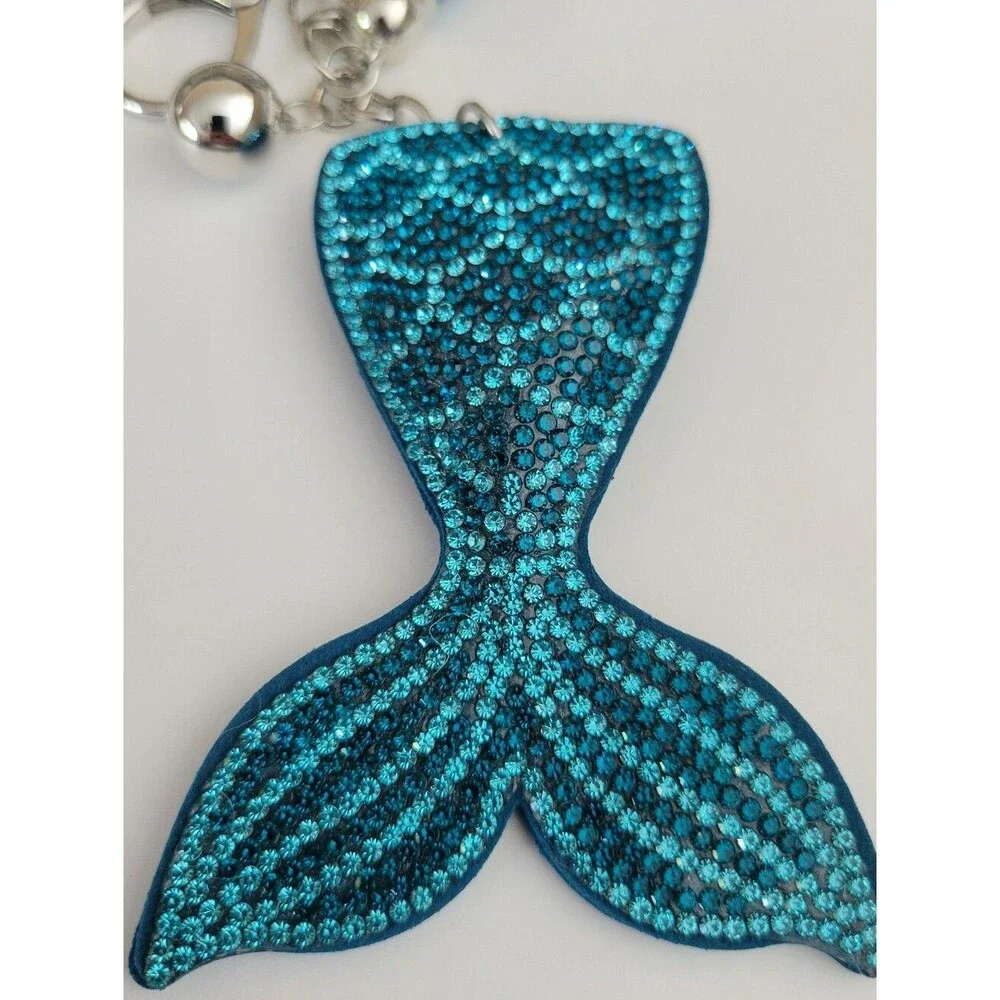 NWT Large Ocean Blue Mermaids Tail Keychain Bag Charm Beautiful, Tassel, Silver